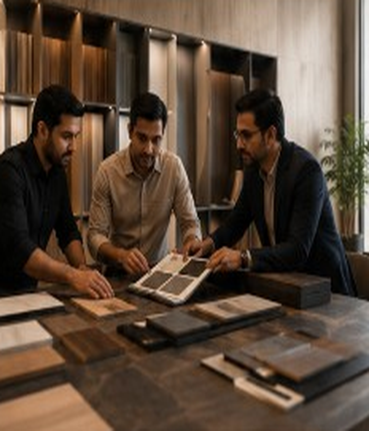 Founders reviewing coordinated surface samples